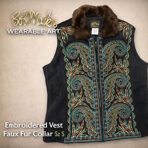 Bob Mackie Wearable Art Embroidered Vest Faux Fur Collar Sz S